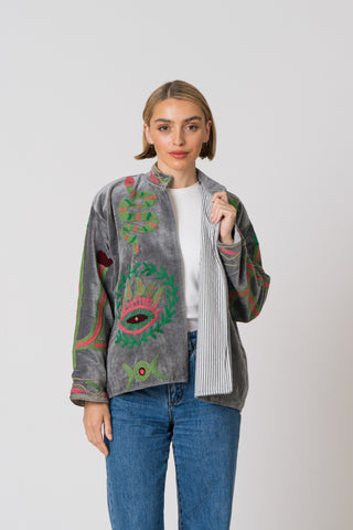 Embroidered Velvet Jacket - Grey Snake