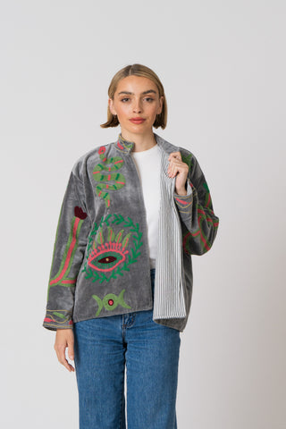Embroidered Velvet Jacket - Grey Snake