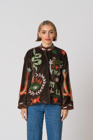 Embroidered Velvet Jacket - Dark Brown Snake
