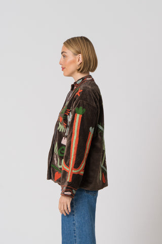 Embroidered Velvet Jacket - Dark Brown Snake