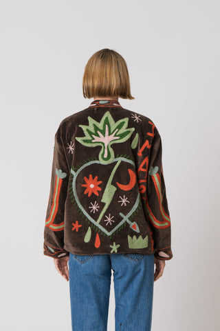 Embroidered Velvet Jacket - Dark Brown Snake