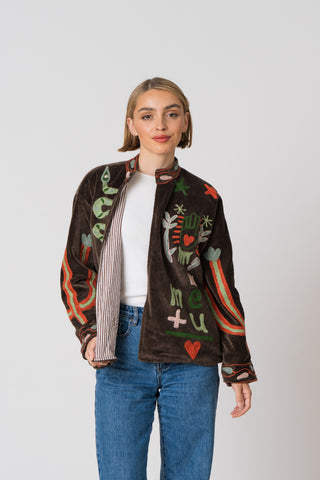 Embroidered Velvet Jacket - Dark Brown Snake