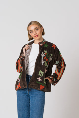 Embroidered Velvet Jacket - Dark Brown Snake