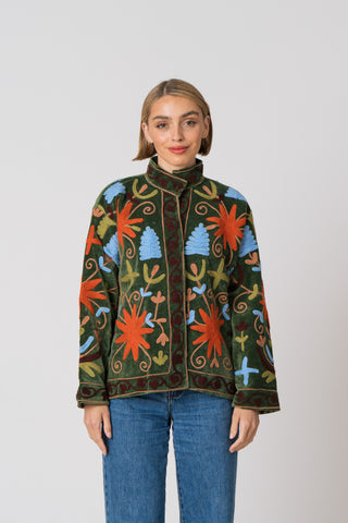 Embroidered Velvet Jacket - Green Multi Pattern