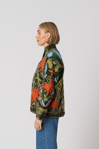 Embroidered Velvet Jacket - Green Multi Pattern