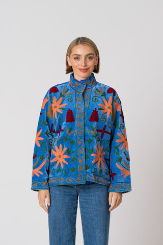 Embroidered Velvet Jacket - Blue Multi Pattern