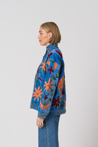 Embroidered Velvet Jacket - Blue Multi Pattern
