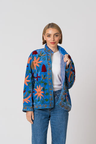 Embroidered Velvet Jacket - Blue Multi Pattern