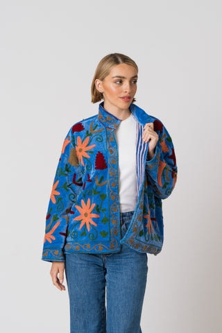 Embroidered Velvet Jacket - Blue Multi Pattern