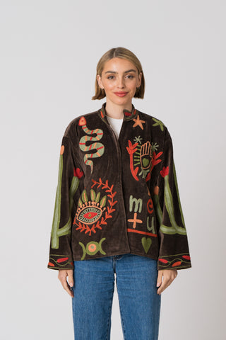 Embroidered Velvet Jacket - Dark Brown Snake