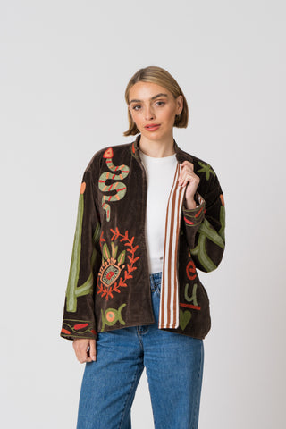Embroidered Velvet Jacket - Dark Brown Snake