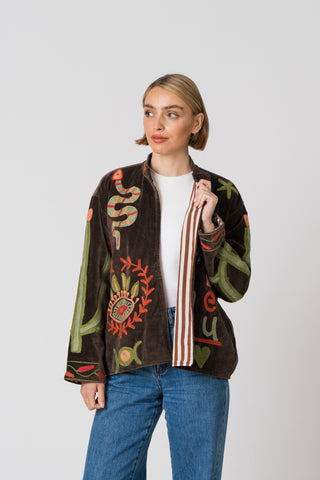 Embroidered Velvet Jacket - Dark Brown Snake