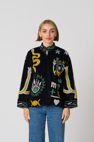 PRE ORDER - Embroidered Velvet Collared Jacket