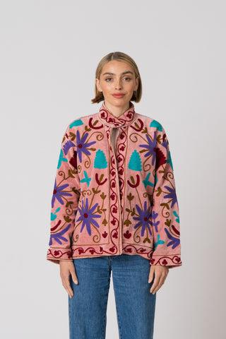 Embroidered Velvet Jacket - Pink with multi pattern