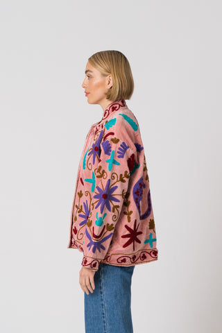 Embroidered Velvet Jacket - Pink with multi pattern