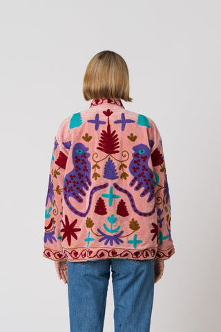 Embroidered Velvet Jacket - Pink with multi pattern