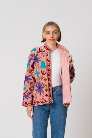 Embroidered Velvet Jacket - Pink with multi pattern