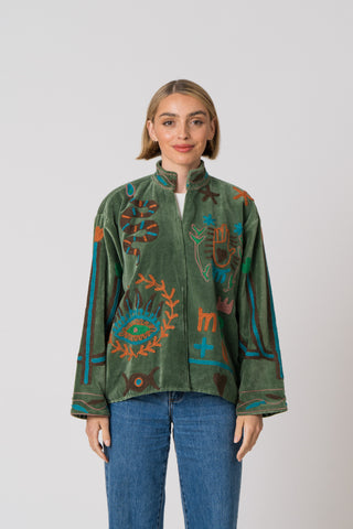 Embroidered Velvet Jacket - Green Snake