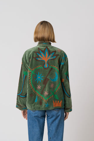 Embroidered Velvet Jacket - Green Snake