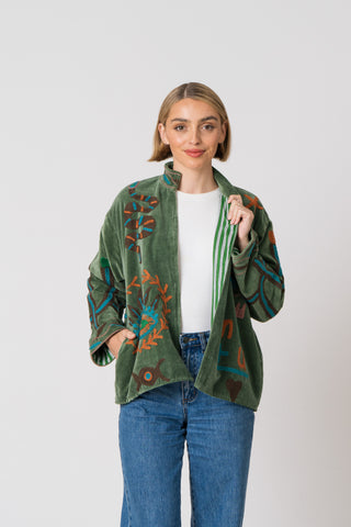 Embroidered Velvet Jacket - Green Snake