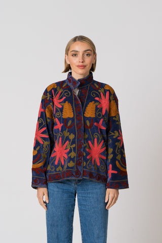 Embroidered Velvet Jacket - Blue multi pattern