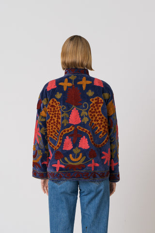 Embroidered Velvet Jacket - Blue multi pattern