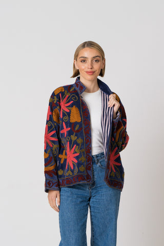 Embroidered Velvet Jacket - Blue multi pattern