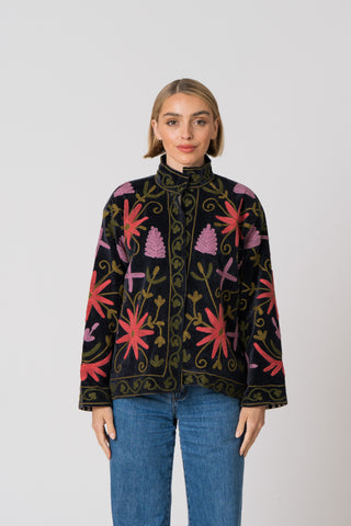 Embroidered Velvet Jacket - Black multi pattern