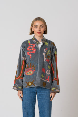 Embroidered Velvet Jacket - Grey Snake "Faulty"