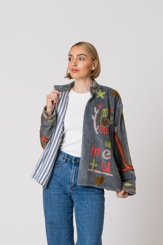 Embroidered Velvet Jacket - Grey Snake "Faulty"