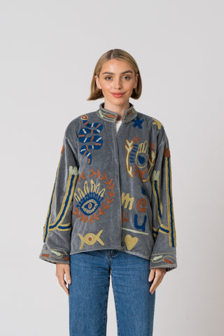 Embroidered Velvet Jacket - Grey Snake