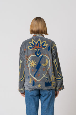 Embroidered Velvet Jacket - Grey Snake