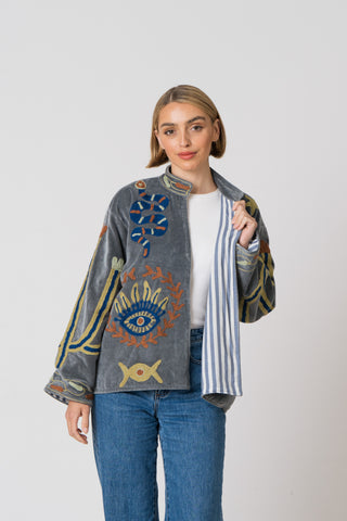 Embroidered Velvet Jacket - Grey Snake