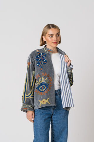 Embroidered Velvet Jacket - Grey Snake