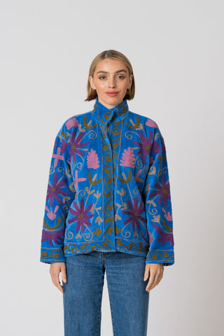 Embroidered Velvet Jacket - Blue multi pattern