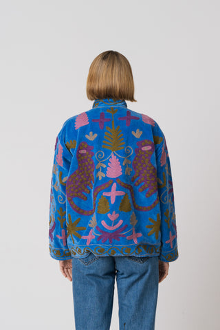 Embroidered Velvet Jacket - Blue multi pattern
