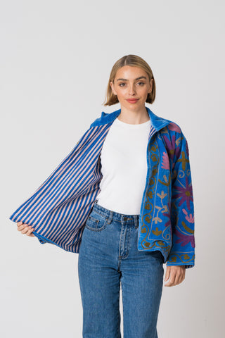 Embroidered Velvet Jacket - Blue multi pattern