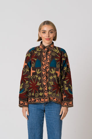 Embroidered Velvet Jacket - Brown multi pattern