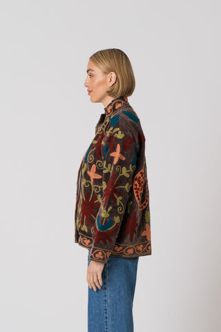Embroidered Velvet Jacket - Brown multi pattern