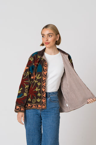Embroidered Velvet Jacket - Brown multi pattern