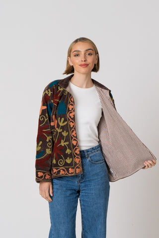 Embroidered Velvet Jacket - Brown multi pattern