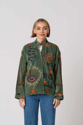 Embroidered Velvet Jacket - Green Snake