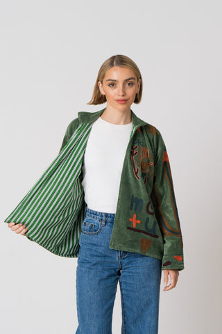 Embroidered Velvet Jacket - Green Snake