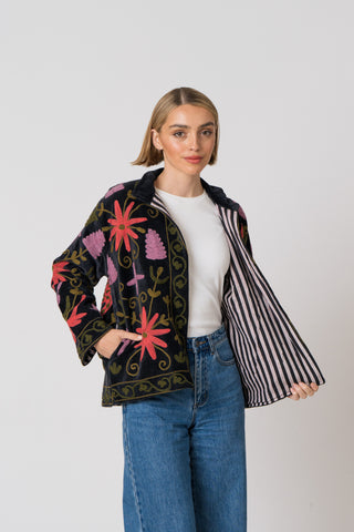Embroidered Velvet Jacket - Black multi pattern