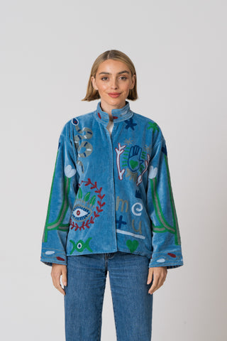 Embroidered Velvet Jacket - Blue Snake