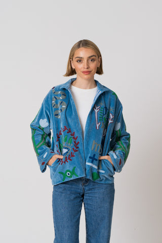 Embroidered Velvet Jacket - Blue Snake