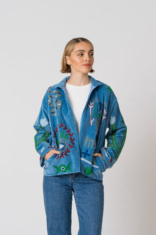 Embroidered Velvet Jacket - Blue Snake