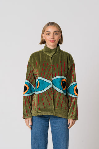 Embroidered Velvet Jacket - Green Eye