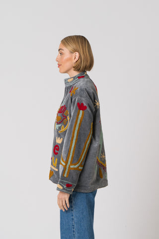 Embroidered Velvet Jacket - Grey Snake