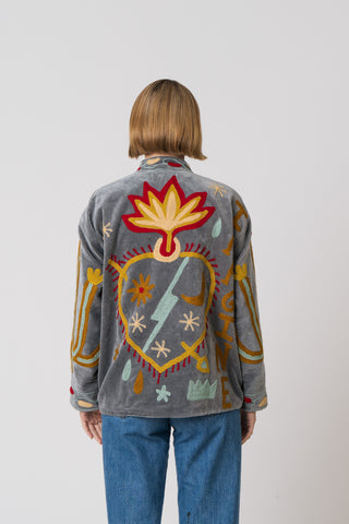 Embroidered Velvet Jacket - Grey Snake